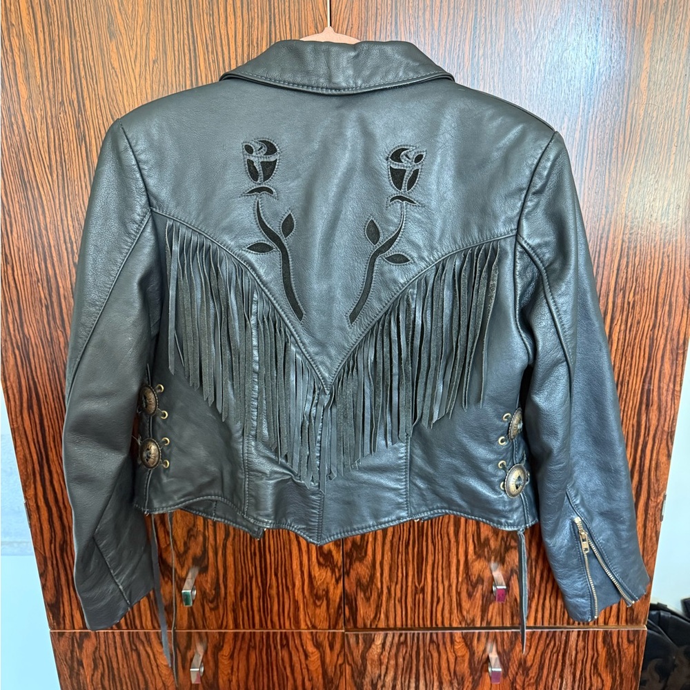 Black Leather USA Fringe ROSE Jacket